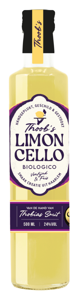 Thoob Limón Cello biologische citroenliqueur in glazen fles met geel etiket