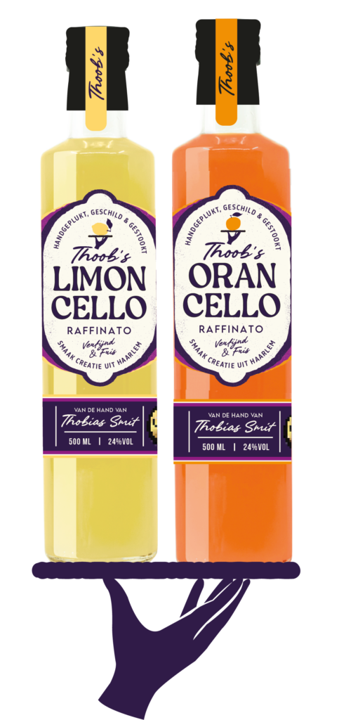 Thoob Limoncello en Orancello flessen met paarse draagriem, handgeplukte citruslikeur met minder alcohol en suiker